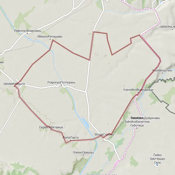 Map miniature of "Izbište - Izbiste - Ritisevo - Kustilj - Straza - Zagajica" cycling inspiration in Autonomous Province of Vojvodina, Serbia. Generated by Tarmacs.app cycling route planner