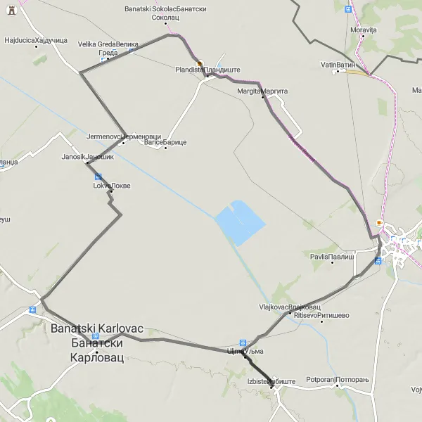 Map miniature of "Izbište - Nikolinci - Lokve - Plandiste - Vlajkovac" cycling inspiration in Autonomous Province of Vojvodina, Serbia. Generated by Tarmacs.app cycling route planner