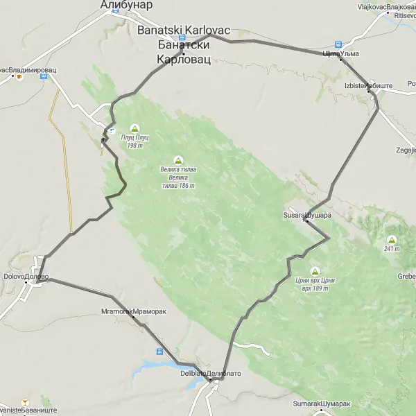 Map miniature of "Izbište - Susara - Cvijićev vis - Mramorak - Девојачки бунар - Uljma" cycling inspiration in Autonomous Province of Vojvodina, Serbia. Generated by Tarmacs.app cycling route planner