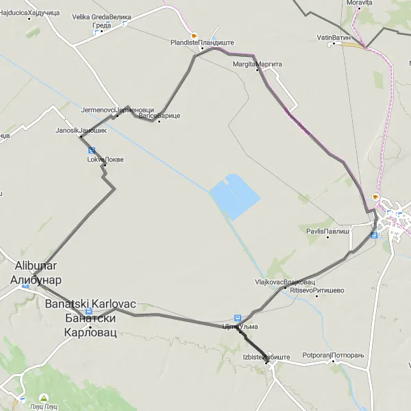 Map miniature of "Izbište - Nikolinci - Lokve - Margita - Vlajkovac" cycling inspiration in Autonomous Province of Vojvodina, Serbia. Generated by Tarmacs.app cycling route planner