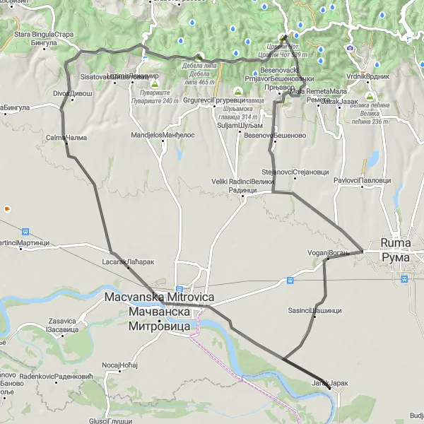 Map miniature of "Sremska Mitrovica to Voganj Route" cycling inspiration in Autonomous Province of Vojvodina, Serbia. Generated by Tarmacs.app cycling route planner