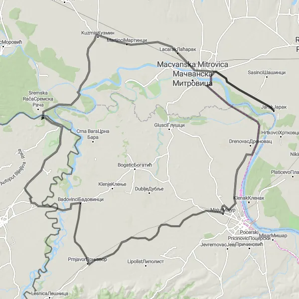 Map miniature of "Ride Along the Sava River" cycling inspiration in Autonomous Province of Vojvodina, Serbia. Generated by Tarmacs.app cycling route planner