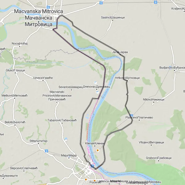 Map miniature of "Šabac to Drenovac Route" cycling inspiration in Autonomous Province of Vojvodina, Serbia. Generated by Tarmacs.app cycling route planner