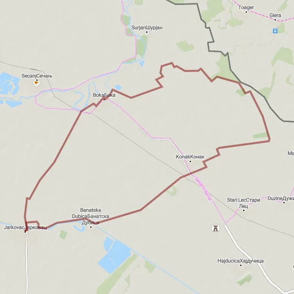Map miniature of "Hidden Gems of Banat" cycling inspiration in Autonomous Province of Vojvodina, Serbia. Generated by Tarmacs.app cycling route planner