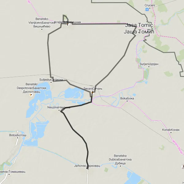 Map miniature of "Sutjeska Circuit" cycling inspiration in Autonomous Province of Vojvodina, Serbia. Generated by Tarmacs.app cycling route planner