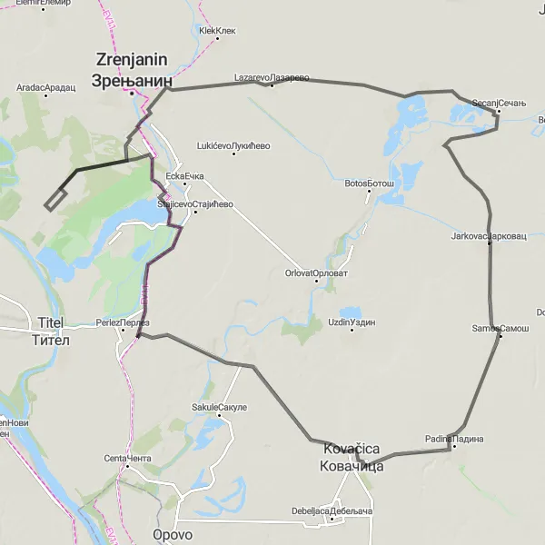 Map miniature of "Lukino Selo Loop" cycling inspiration in Autonomous Province of Vojvodina, Serbia. Generated by Tarmacs.app cycling route planner