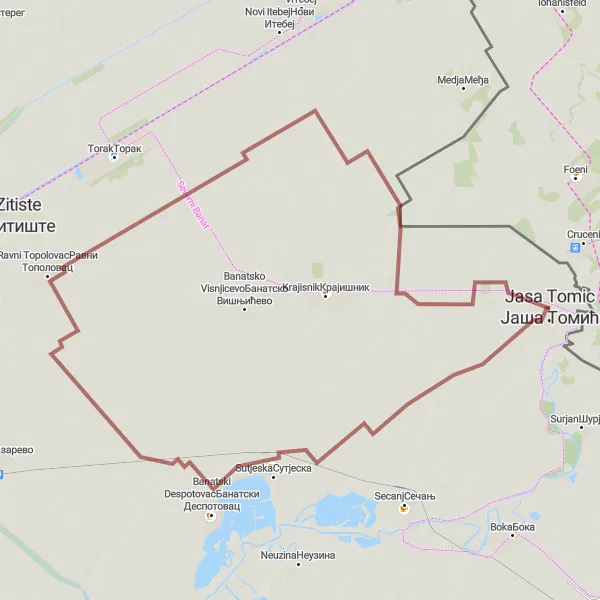 Map miniature of "Gravel Adventure Near Jaša Tomić" cycling inspiration in Autonomous Province of Vojvodina, Serbia. Generated by Tarmacs.app cycling route planner