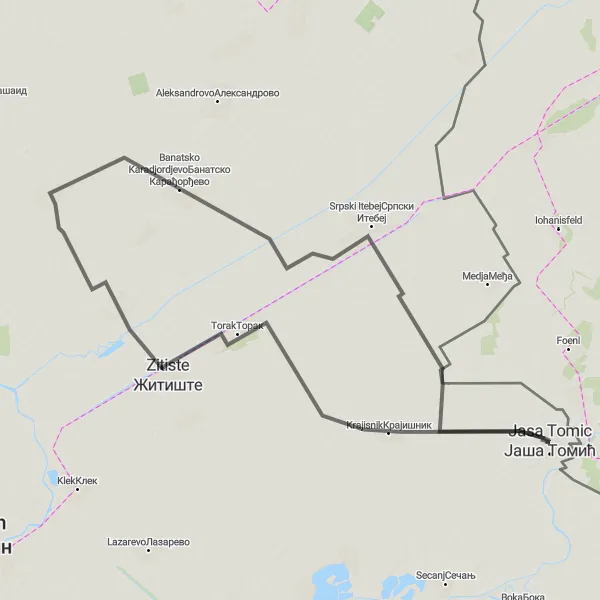 Map miniature of "Road Cycling through Vojvodina" cycling inspiration in Autonomous Province of Vojvodina, Serbia. Generated by Tarmacs.app cycling route planner