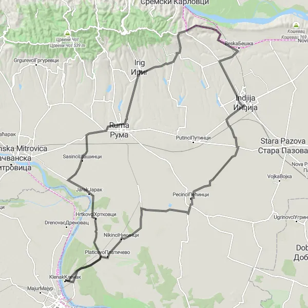 Map miniature of "The Rural Sensation" cycling inspiration in Autonomous Province of Vojvodina, Serbia. Generated by Tarmacs.app cycling route planner