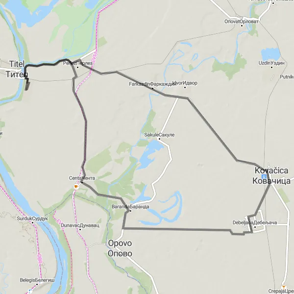 Map miniature of "Voivodina Countryside" cycling inspiration in Autonomous Province of Vojvodina, Serbia. Generated by Tarmacs.app cycling route planner