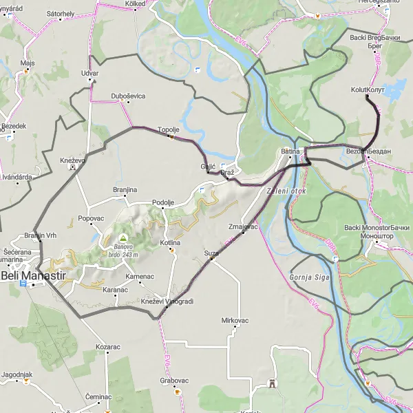 Map miniature of "Bezdan to Шебешфок Circuit" cycling inspiration in Autonomous Province of Vojvodina, Serbia. Generated by Tarmacs.app cycling route planner