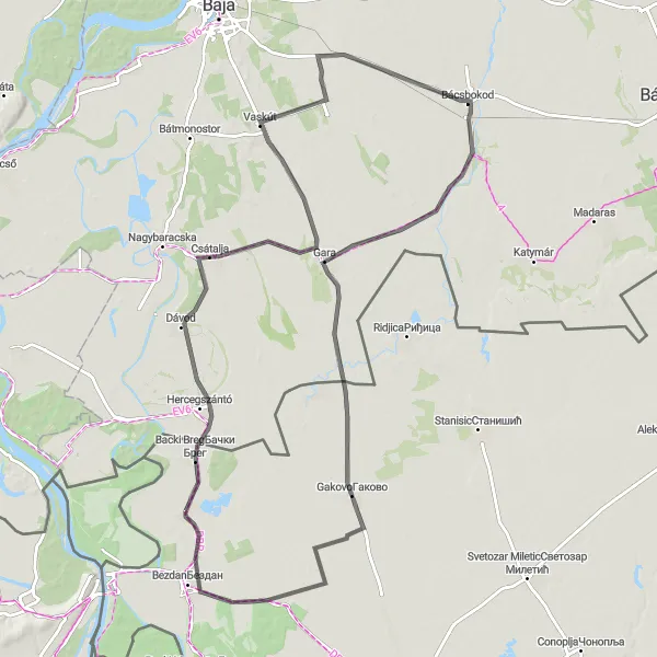 Map miniature of "Road Route: Bácsborsód Circuit" cycling inspiration in Autonomous Province of Vojvodina, Serbia. Generated by Tarmacs.app cycling route planner