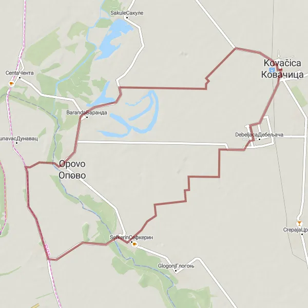 Map miniature of "Kovačica - Debeljaca - Sefkerin - Besni Fok - Baranda Loop" cycling inspiration in Autonomous Province of Vojvodina, Serbia. Generated by Tarmacs.app cycling route planner