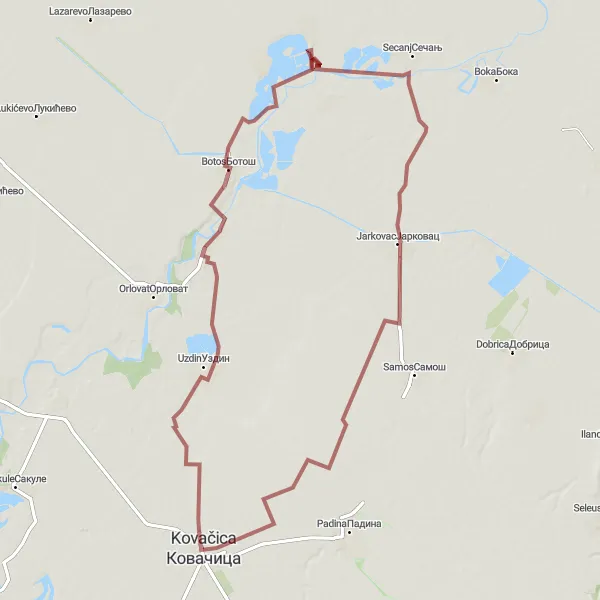 Map miniature of "Gravel Plains Adventure" cycling inspiration in Autonomous Province of Vojvodina, Serbia. Generated by Tarmacs.app cycling route planner