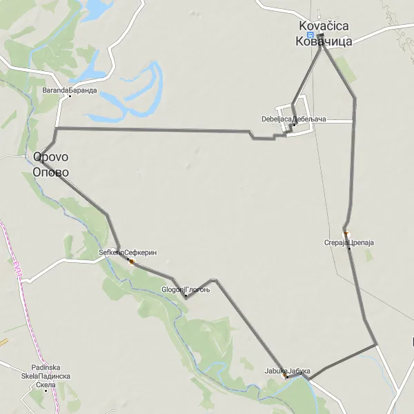 Map miniature of "Kovačica - Crepaja - Jabuka - Sefkerin - Opovo - Debeljaca Circuit" cycling inspiration in Autonomous Province of Vojvodina, Serbia. Generated by Tarmacs.app cycling route planner
