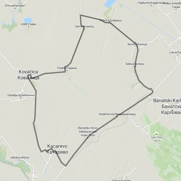 Map miniature of "Kovačica - Samos - Ilandza - Vladimirovac - Banatsko Novo Selo - Crepaja Circuit" cycling inspiration in Autonomous Province of Vojvodina, Serbia. Generated by Tarmacs.app cycling route planner