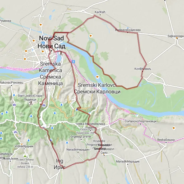 Map miniature of "Gravel Cycling Tour around Kovilj" cycling inspiration in Autonomous Province of Vojvodina, Serbia. Generated by Tarmacs.app cycling route planner