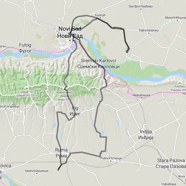 Map miniature of "Wine and History Odysseys" cycling inspiration in Autonomous Province of Vojvodina, Serbia. Generated by Tarmacs.app cycling route planner