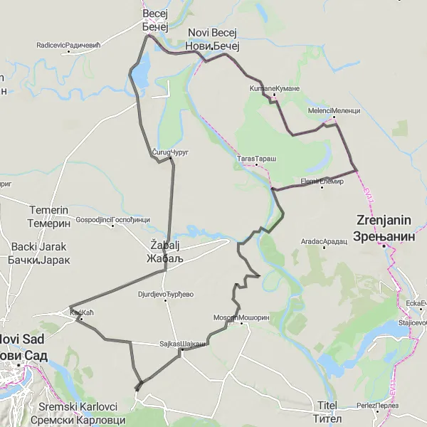 Map miniature of "Discovering Vojvodina's Rich Heritage" cycling inspiration in Autonomous Province of Vojvodina, Serbia. Generated by Tarmacs.app cycling route planner