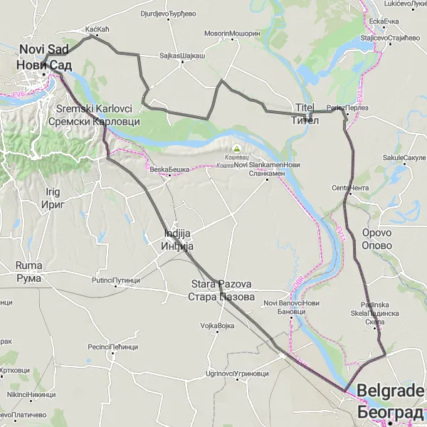 Map miniature of "Kovilj and Beyond" cycling inspiration in Autonomous Province of Vojvodina, Serbia. Generated by Tarmacs.app cycling route planner