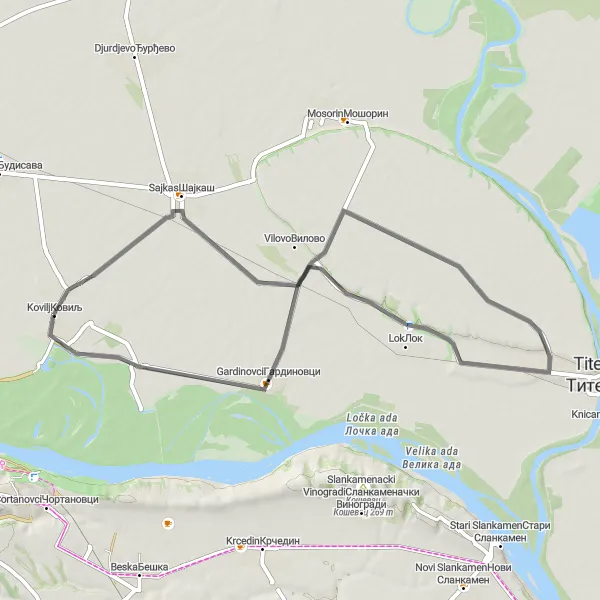 Map miniature of "Vojvodina Village Tour" cycling inspiration in Autonomous Province of Vojvodina, Serbia. Generated by Tarmacs.app cycling route planner