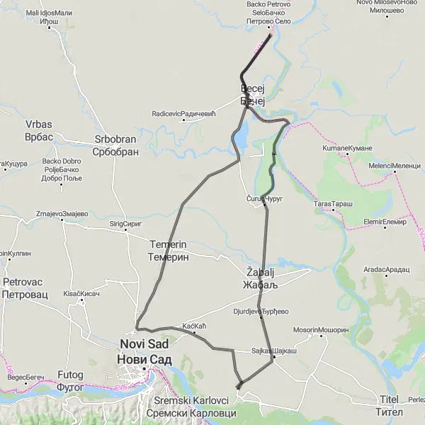 Map miniature of "Road Cycling Adventure to Sajkas" cycling inspiration in Autonomous Province of Vojvodina, Serbia. Generated by Tarmacs.app cycling route planner