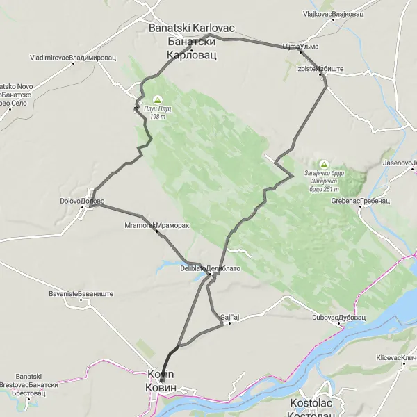 Map miniature of "Kovin Road Adventure" cycling inspiration in Autonomous Province of Vojvodina, Serbia. Generated by Tarmacs.app cycling route planner