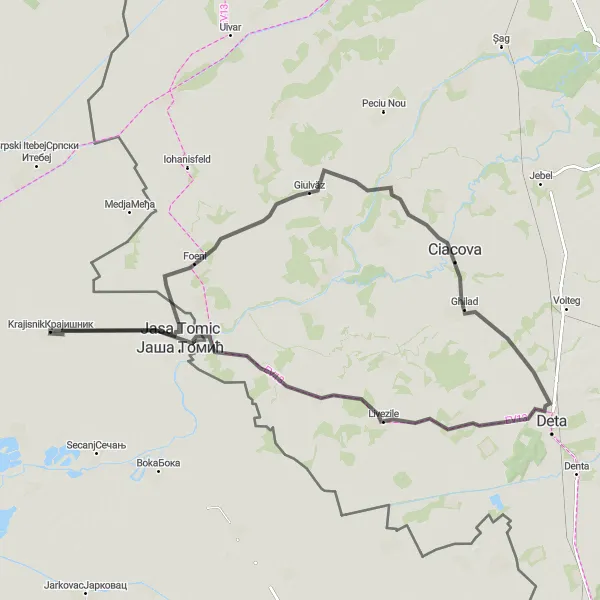 Map miniature of "Foeni Loop" cycling inspiration in Autonomous Province of Vojvodina, Serbia. Generated by Tarmacs.app cycling route planner