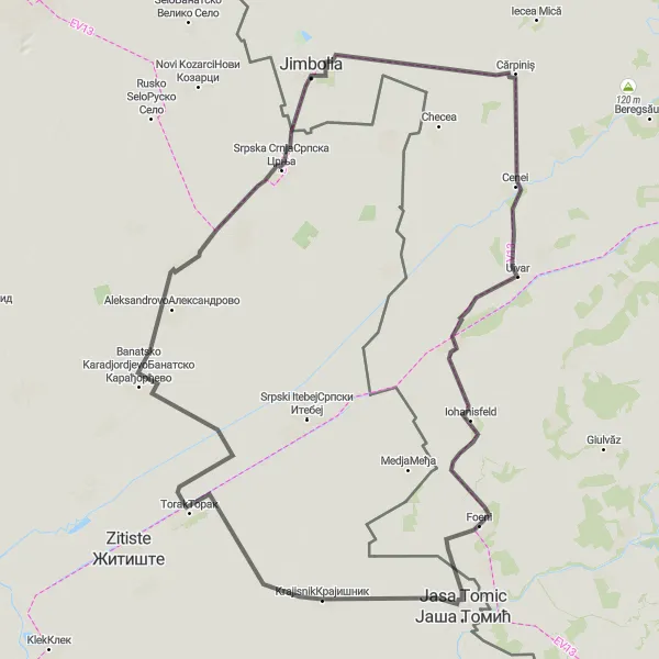 Map miniature of "Krajisnik-Aleksandrovo Loop" cycling inspiration in Autonomous Province of Vojvodina, Serbia. Generated by Tarmacs.app cycling route planner