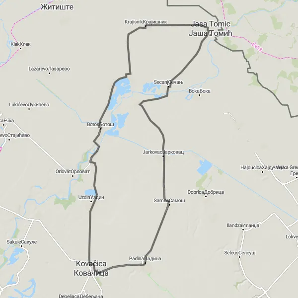 Map miniature of "Krajisnik-Jasa Tomic Loop" cycling inspiration in Autonomous Province of Vojvodina, Serbia. Generated by Tarmacs.app cycling route planner