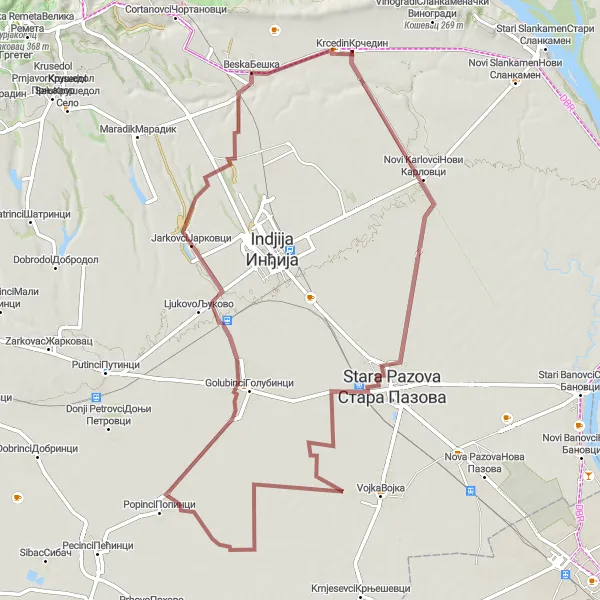 Map miniature of "Krčedin to Novi Karlovci Gravel Route" cycling inspiration in Autonomous Province of Vojvodina, Serbia. Generated by Tarmacs.app cycling route planner