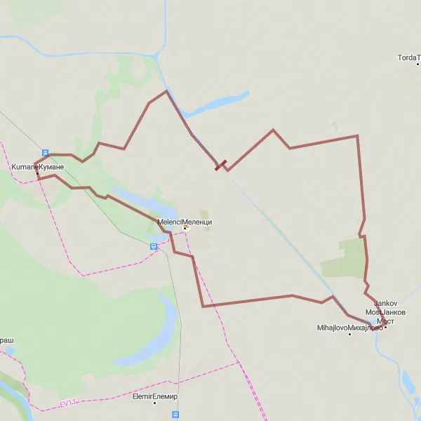 Map miniature of "Kumane Gravel Adventure" cycling inspiration in Autonomous Province of Vojvodina, Serbia. Generated by Tarmacs.app cycling route planner