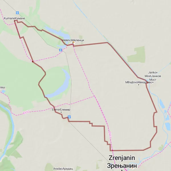 Map miniature of "Kumane to Elemir Gravel Detour" cycling inspiration in Autonomous Province of Vojvodina, Serbia. Generated by Tarmacs.app cycling route planner