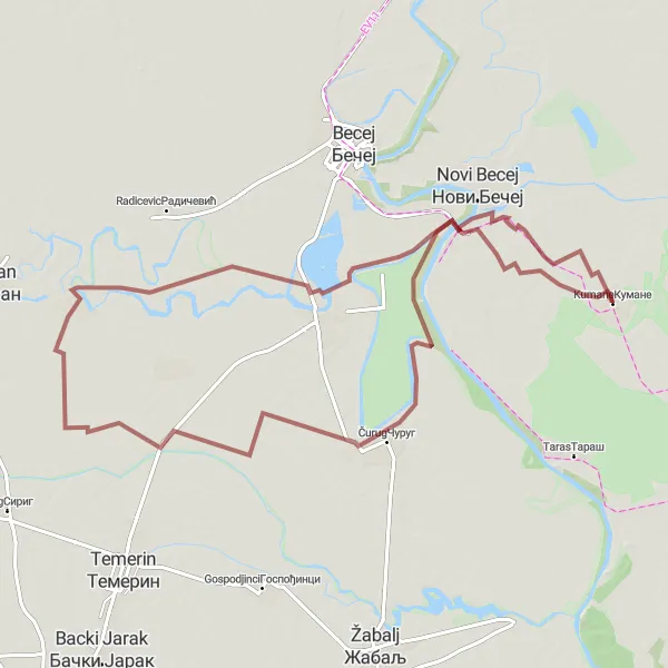 Map miniature of "Kumane to Bečej Loop" cycling inspiration in Autonomous Province of Vojvodina, Serbia. Generated by Tarmacs.app cycling route planner
