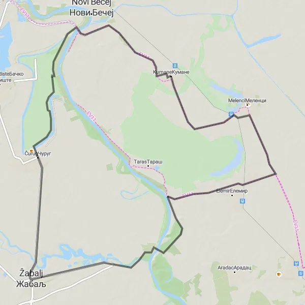 Map miniature of "Melenci to Žabalj Road Loop" cycling inspiration in Autonomous Province of Vojvodina, Serbia. Generated by Tarmacs.app cycling route planner