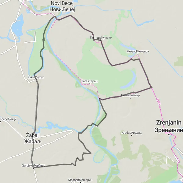 Map miniature of "Melenci Loop" cycling inspiration in Autonomous Province of Vojvodina, Serbia. Generated by Tarmacs.app cycling route planner