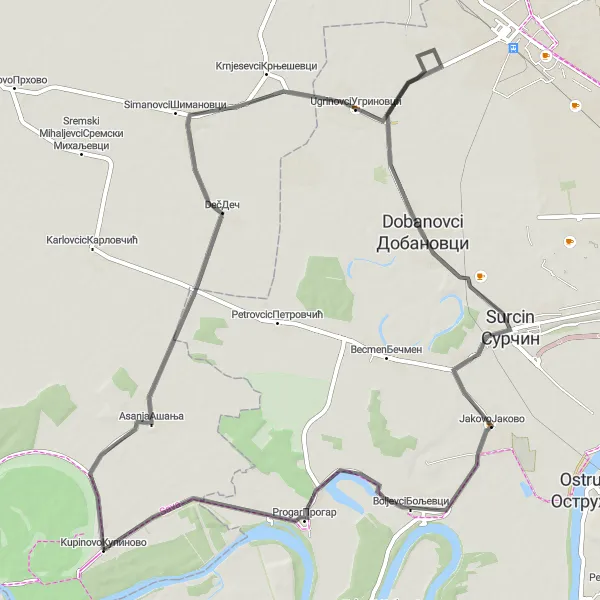 Map miniature of "Enchanting Kupinovo Loop" cycling inspiration in Autonomous Province of Vojvodina, Serbia. Generated by Tarmacs.app cycling route planner