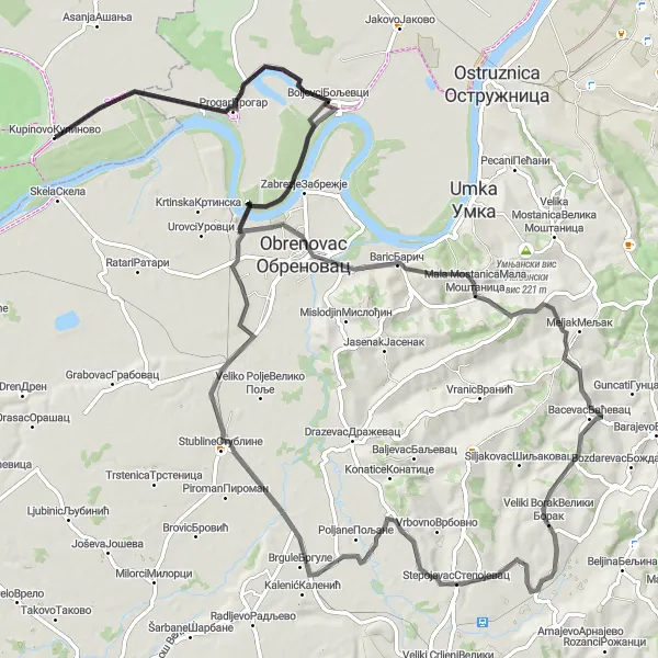 Map miniature of "Scenic Serpentine Route" cycling inspiration in Autonomous Province of Vojvodina, Serbia. Generated by Tarmacs.app cycling route planner