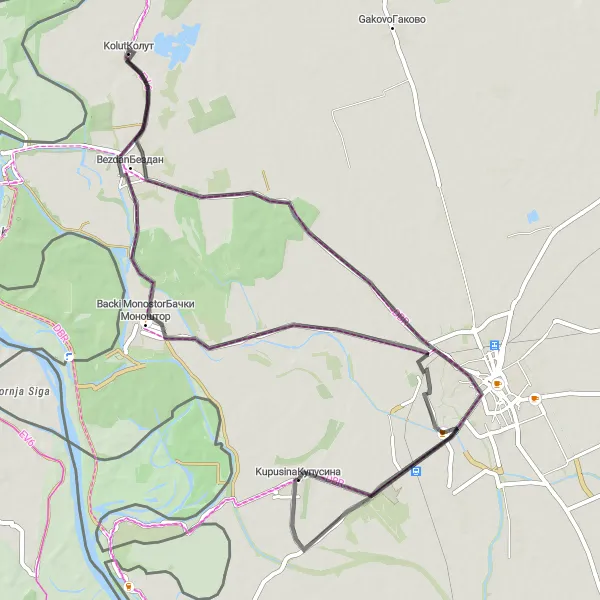 Map miniature of "Scenic Road Loop to Sombor" cycling inspiration in Autonomous Province of Vojvodina, Serbia. Generated by Tarmacs.app cycling route planner
