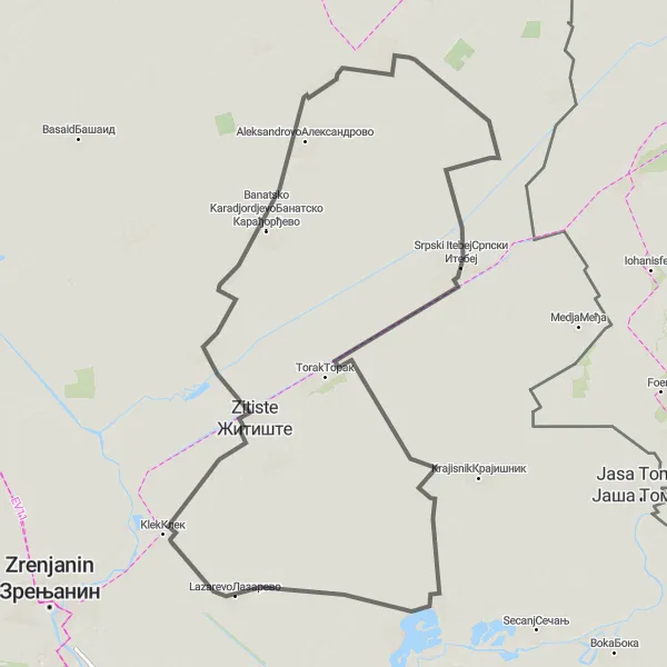 Map miniature of "Exploring Banat" cycling inspiration in Autonomous Province of Vojvodina, Serbia. Generated by Tarmacs.app cycling route planner