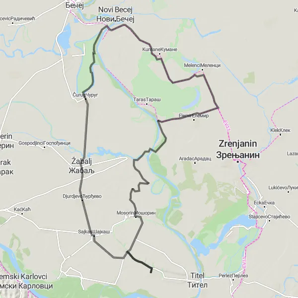 Map miniature of "The Loop Around Lok" cycling inspiration in Autonomous Province of Vojvodina, Serbia. Generated by Tarmacs.app cycling route planner