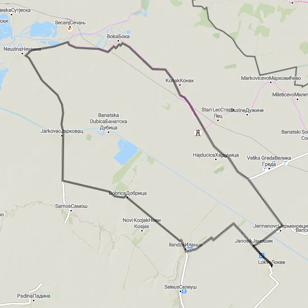 Map miniature of "Lokve Road Expedition" cycling inspiration in Autonomous Province of Vojvodina, Serbia. Generated by Tarmacs.app cycling route planner