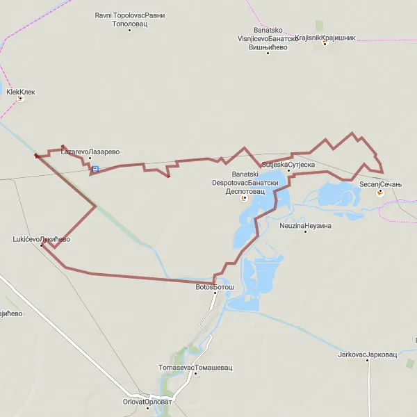 Map miniature of "The Rural Gravel Escape" cycling inspiration in Autonomous Province of Vojvodina, Serbia. Generated by Tarmacs.app cycling route planner