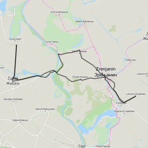 Map miniature of "The Road Adventure" cycling inspiration in Autonomous Province of Vojvodina, Serbia. Generated by Tarmacs.app cycling route planner