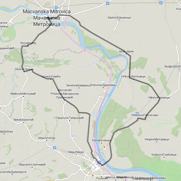 Map miniature of "Scenic Ride through Jarak and Glusci" cycling inspiration in Autonomous Province of Vojvodina, Serbia. Generated by Tarmacs.app cycling route planner