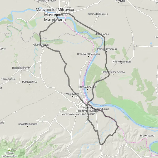 Map miniature of "Loop around the Sremska Mitrovica" cycling inspiration in Autonomous Province of Vojvodina, Serbia. Generated by Tarmacs.app cycling route planner