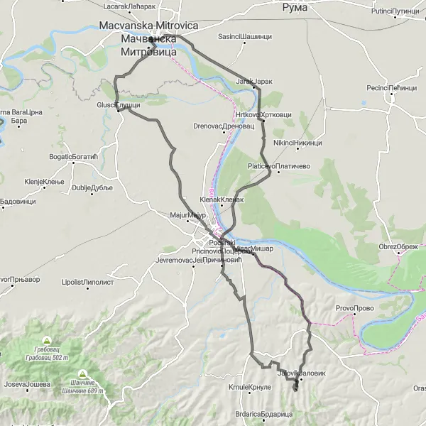 Map miniature of "Exploring the Cultural Heritage of Mačva" cycling inspiration in Autonomous Province of Vojvodina, Serbia. Generated by Tarmacs.app cycling route planner