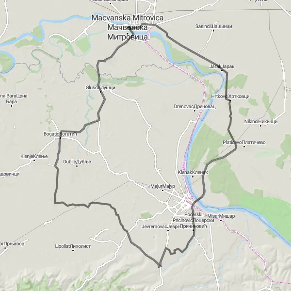 Map miniature of "Mitrovica Vintage Loop" cycling inspiration in Autonomous Province of Vojvodina, Serbia. Generated by Tarmacs.app cycling route planner