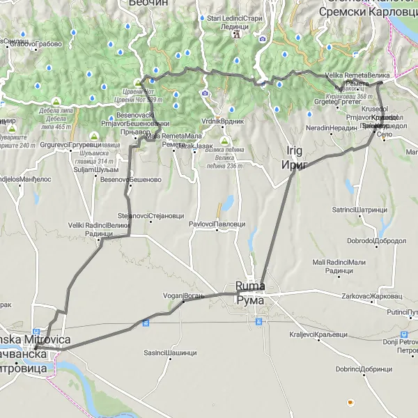 Map miniature of "Epic Mountain Challenge" cycling inspiration in Autonomous Province of Vojvodina, Serbia. Generated by Tarmacs.app cycling route planner