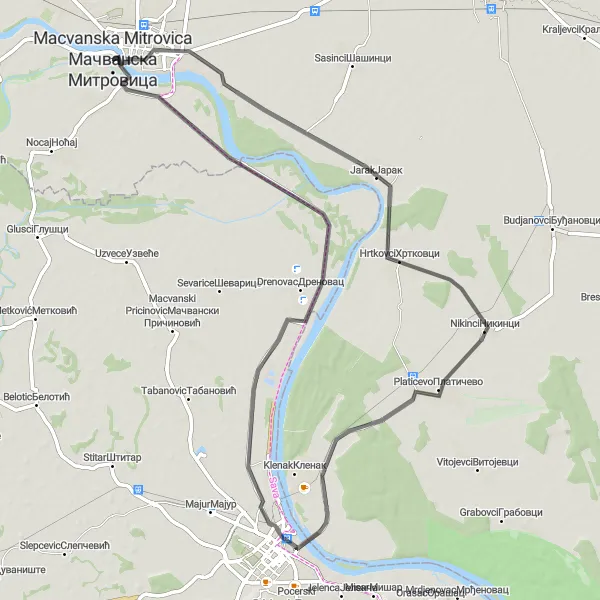 Map miniature of "Scenic Sava Route" cycling inspiration in Autonomous Province of Vojvodina, Serbia. Generated by Tarmacs.app cycling route planner